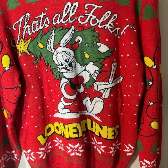 Looney Tunes Bugs Bunny Christmas Sweater Unisex L Red Pullover Holiday Wear - Picture 3 of 7